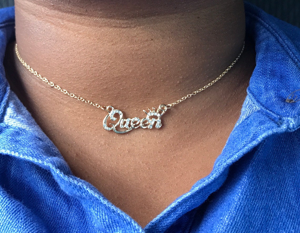Silver and Gold Queen Script Necklace Queen Gold Necklace Etsy
