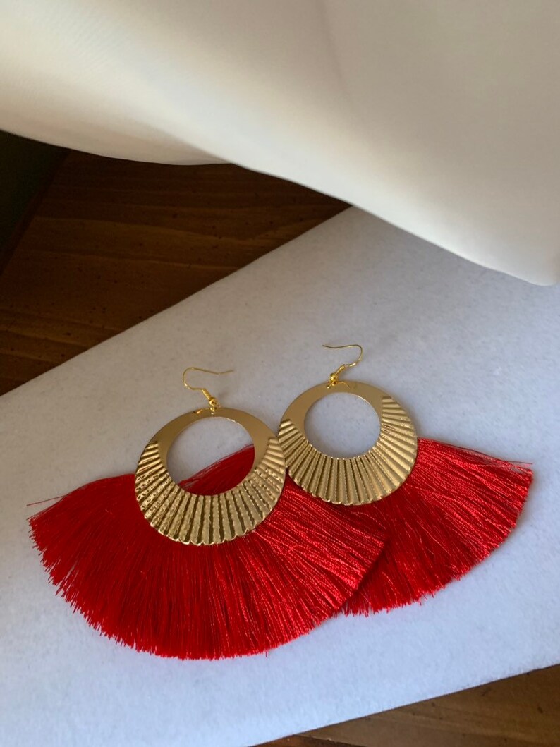 Gold Hoop Fan Tassel Earrings Tassle Earrings Statement Etsy