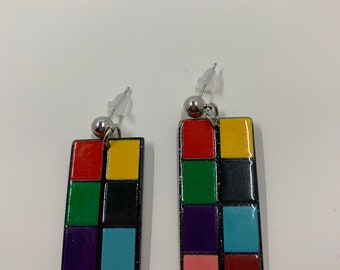 Fun colorful rectangular Rubik’s cube inspired earrings, rectangle earrings, colorful earrings, fashion earrings