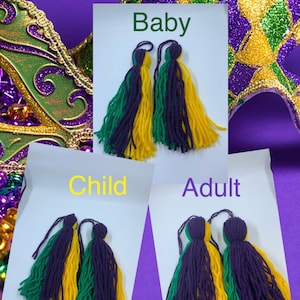 Purple Green and Gold yarn boot tassels, Mardi Gras boot tassels, majorette boot tassels, thick tassels