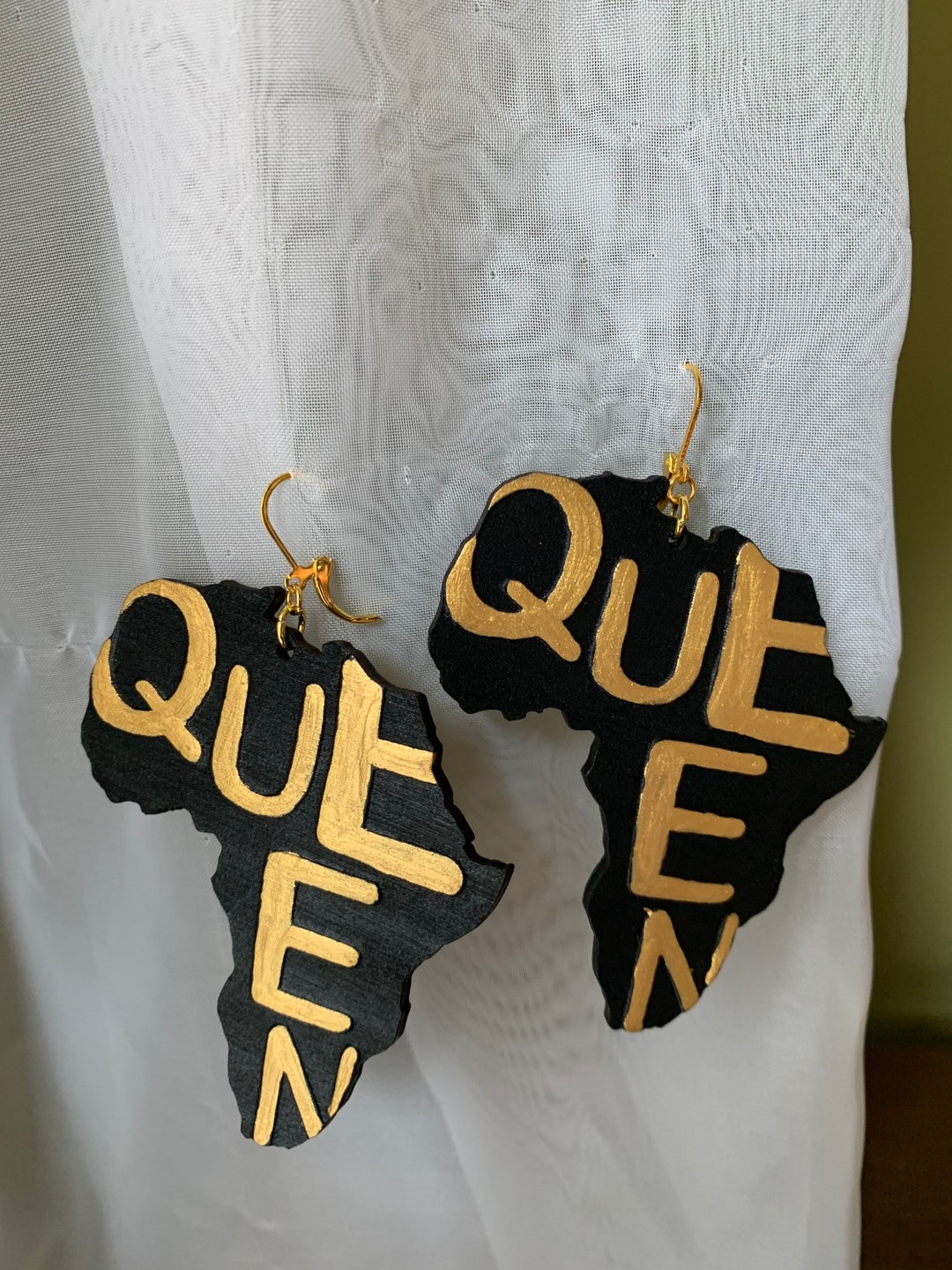 Queen Africa Wood Earrings, Black and Gold Queen Africa Wood Earrings