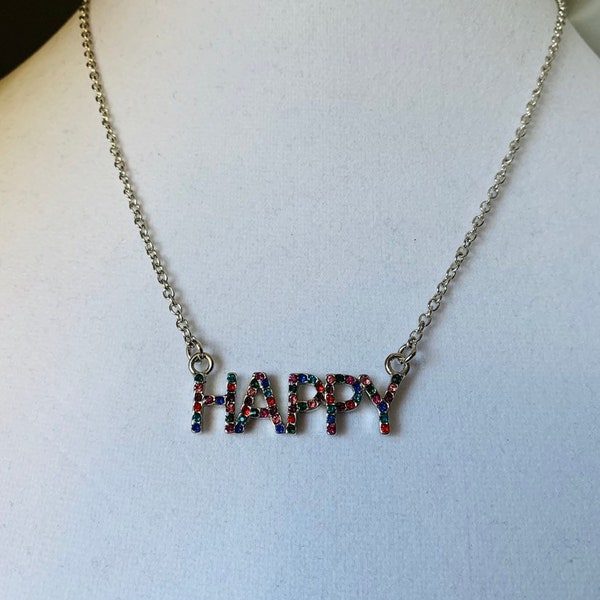 Silver Happy necklace embellished with colorful stones, Happy word necklace, silver necklace, happy pendant necklace