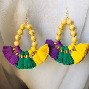 Purple green and gold earrings, Mardi Gras earrings, tassel earrings, tear drop earrings, gold earrings, beaded earrings, Mardi Gras jewelry