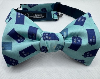 Tardis Themed Bow Tie, Made with Doctor Who Fan Made Fabric, Police Box, Self-Tie, Pre-Tied, Dapper On Arrival