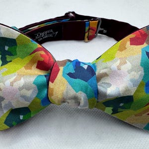 Puede incluir: Una pajarita colorida con un patrón geométrico en tonos azules, verdes, amarillos, rojos y blancos. La pajarita tiene una correa ajustable burdeos y el texto "Dapper on Arrival".