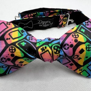 Rainbow Controllers Bow Tie, Self Tie, Pre Tied, Gaymer, Ally, LGBTQIA+, Video Games, Gamer, Bowtie, RPG, Gift, Dapper On Arrival