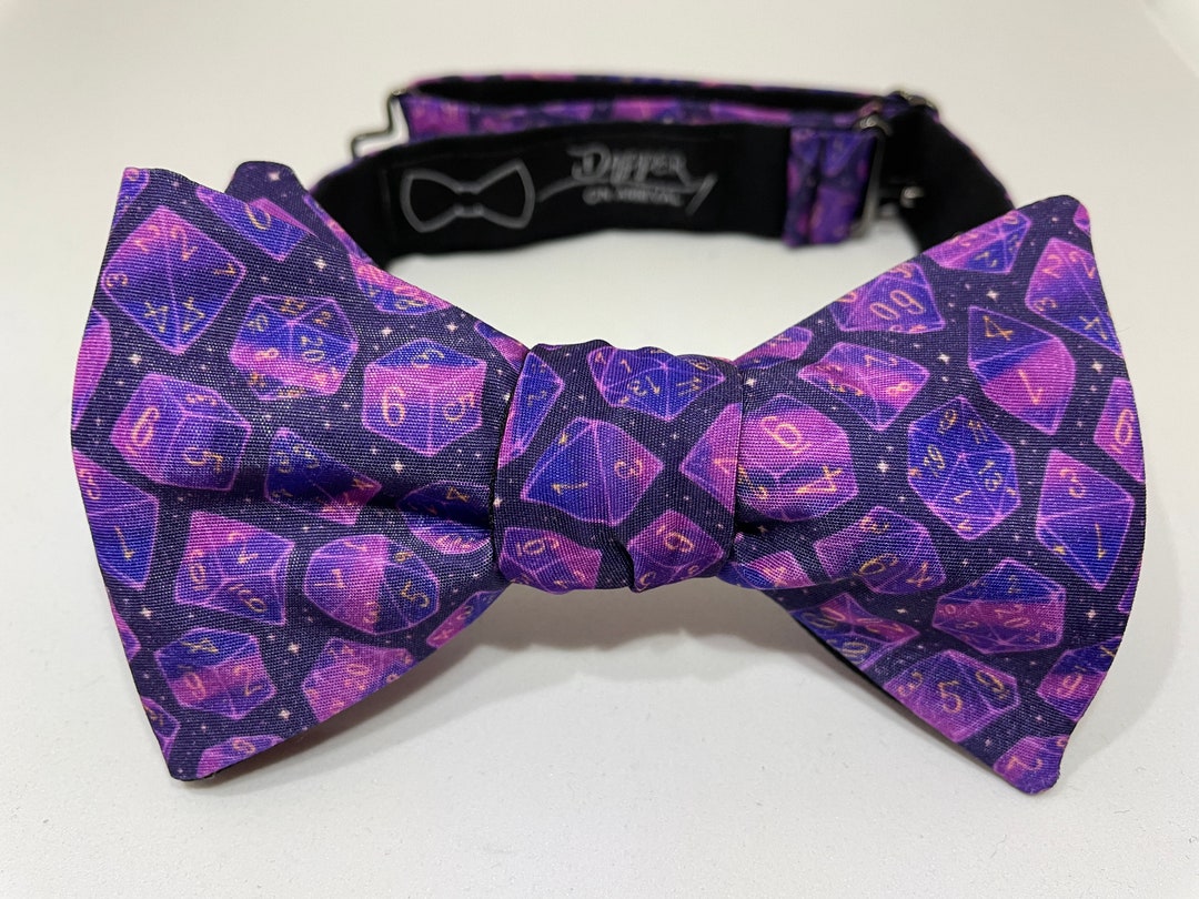 Purple Dice Bow Tie, Bowtie, D20, Roll for Initiative, Saving Throw, D & D, Pathfinder, RPG