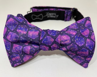 Purple Dice Bow Tie, Bowtie, D20, Roll For Initiative, Saving Throw, D & D, Pathfinder, RPG, Gamer, Tabletop, Geek, Nerd, Dapper On Arrival