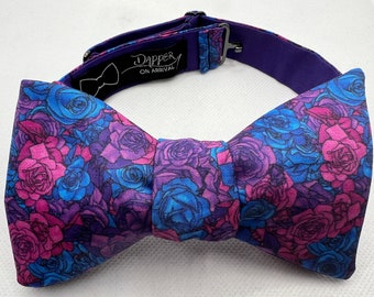 Bi Roses Bow Tie, Pride, Self Tie, Pre Tied, Bowtie, Necktie, LGBTQIA+, Ally, Lesbian, Gay, Trans, Non Binary, Pan, Dapper On Arrival