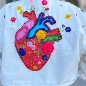 Hand-Embroidered Heart Denim Jacket: Oversized White Crop Top