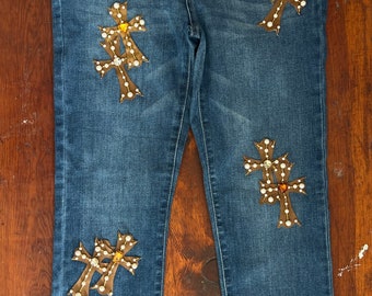 Cross embellished jeans
