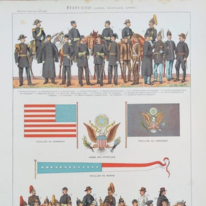 c1894 Antiker französischer Chromolithograph US-Armee-Waffen, Uniformen und Flaggen Larousse Illustré Enzyklopädie