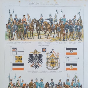 c1894 アンティーク フランス クロモリトグラフ ドイツ / プロイセン軍の武器、制服、旗 ラルース イラストレ百科事典