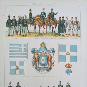 c1894 アンティーク フランス クロモリトグラフ ギリシャ軍の武器、制服、旗 ラルース イラストレ百科事典