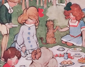 1914 Vintage Print 'The Picnic Pary' by Hilda Cowham, Curly Heads and Long Legs, Children's