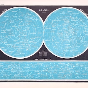 1894 antieke Franse chromatografie 'The Sky' sterrenkaart noord-zuid en equatoriale encyclopedie Larousse Illustré
