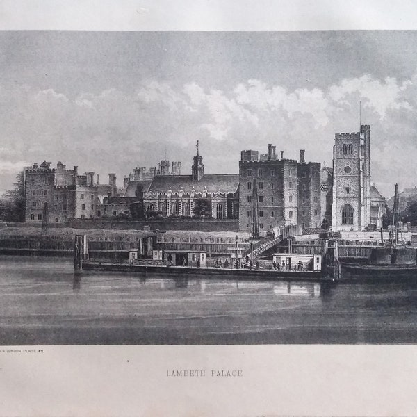 c1880 Antique Steel Engraving 'Lambeth Palace from the River Thames' from Cassell's Old and New London