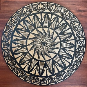 Samoan Tapa Hand Painted Siapo on Wood. 19.5 inch diameter.