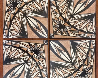 Samoan Siapo Prints on Wood Set of Four - Polynesian Tapa