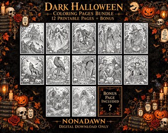 Dark Halloween Coloring Pages Bundle, Gothic Horror Adult Coloring (Digital Download)