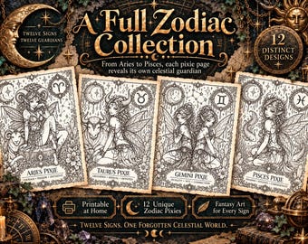Zodiac Pixie Coloring Pages: 12 Printable Fantasy Line Art, 8.5 x 11 PDF Download