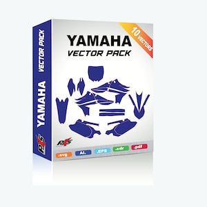 Op de afbeelding: Een doos met een blauw en wit Yamaha vector pack ontwerp. De doos bevat 10 vectoren in de formaten .svg, .ai, .eps, .cdr en .pdf. De doos is gelabeld met "Yamaha Vector Pack" en "10 Vectors".