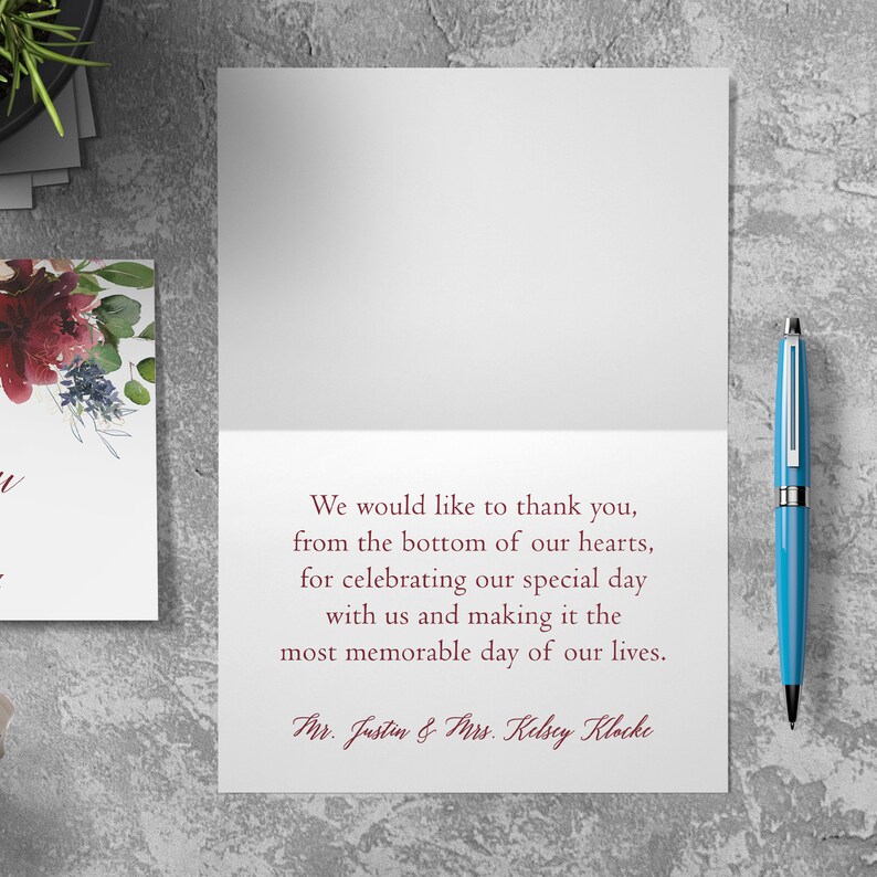 Floral Thank You Cards \u2022 Blue Flat or Folded \u2022 Customized Thank You Note Envelopes Included Blush /& Burgundy Bouquet Thank You Cards