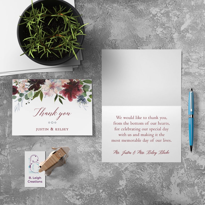 Floral Thank You Cards \u2022 Blue Flat or Folded \u2022 Customized Thank You Note Envelopes Included Blush /& Burgundy Bouquet Thank You Cards