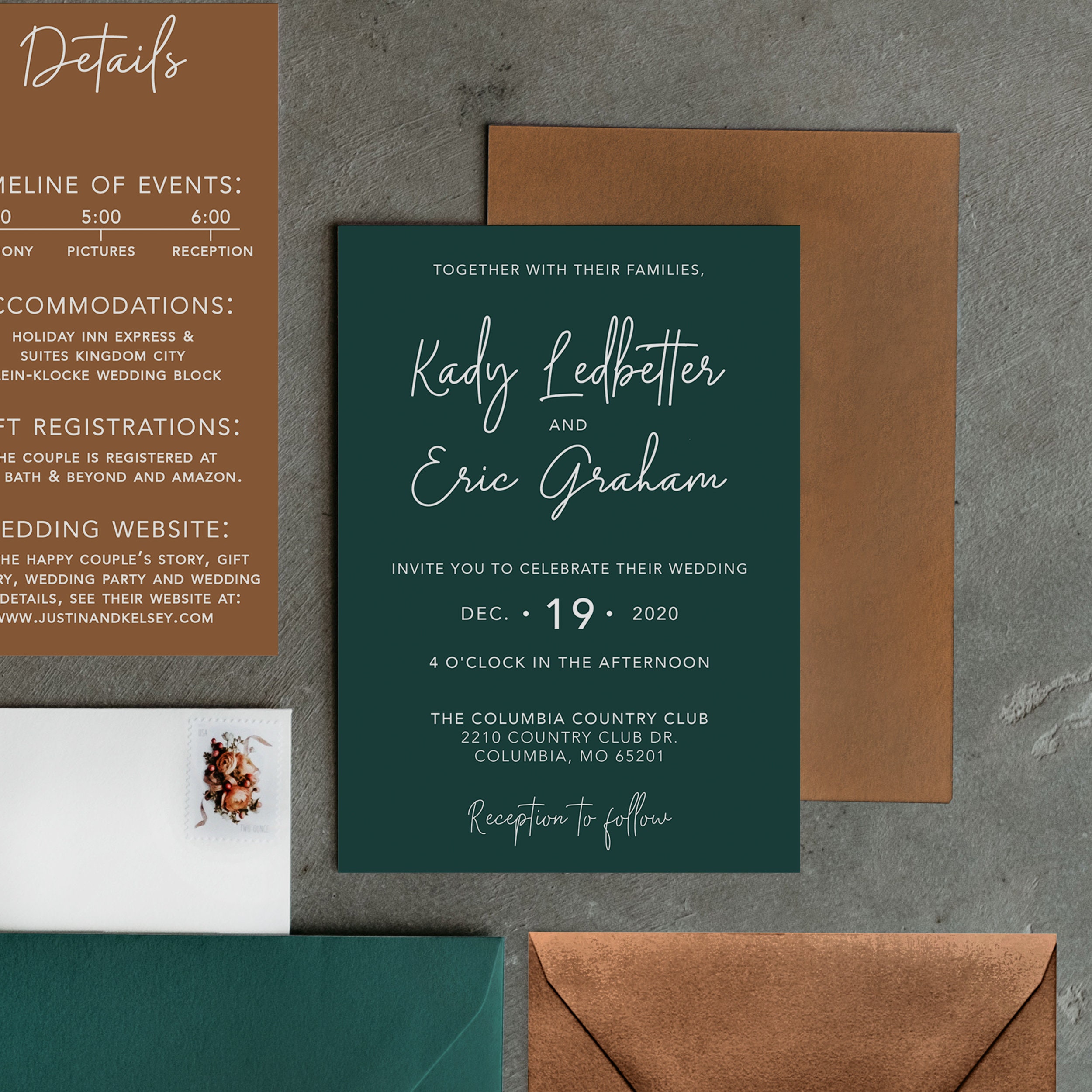 Copper & Green Wedding Invitation Set Envelopes Included Etsy