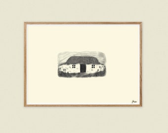 Schottischer Croft in Grau Illustration A4 Giclée-Druck (schottisches Geschenk, Schottland, Crofting, Folklore, Folk, Cottagecore, Traditionell, Cottage)