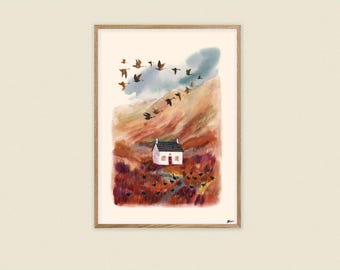 Stampa giclée formato A4 di oche selvatiche (Arte scozzese, Highlands, Isole, Cottage, Scozia, Oche, Uccelli, Autunno, Illustrazione accogliente)