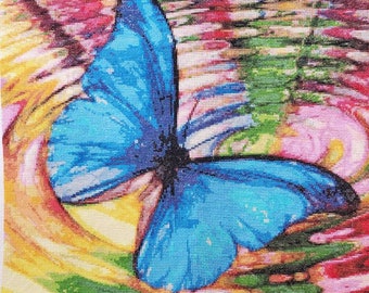 Handmade Counted Cross Stitch: Blue Fantasy Butterfly, 16x21 Aida Cloth
