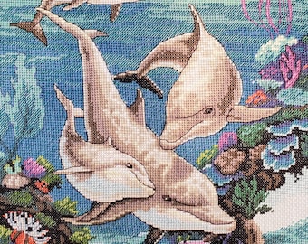 Handmade "The Dolphins' Domain" Finished Counted Cross Stitch by Dimensions