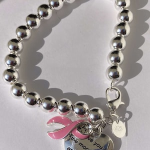 Pink Breast Cancer Ribbon Awareness 925 Silver Beaded Bracelet