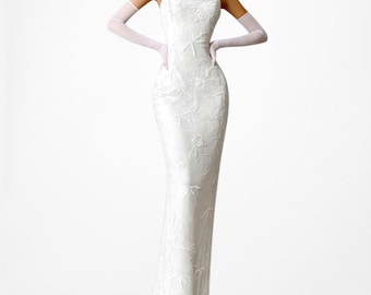 Vintage Off White Floral Beaded Silk Bodycon Formal Cocktail Prom Dress Size M/L