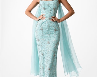 Vintage Y2K Pastellblå Blommig Pärlhalsad Bodycon Midi Cocktailbalklänning Storlek L
