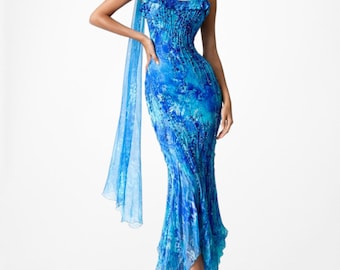 Vintage Y2K Blue Beaded Ruffle Silk Asymmetric Hem Midi Cocktail Dress Size S