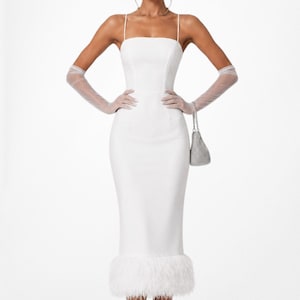 white bodycon dress with feathers MillieWhite Strapless Feather Mini Bodycon Dress