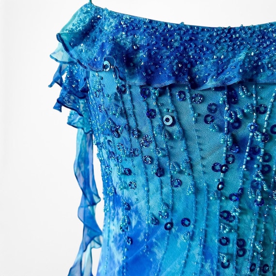 Vintage Y2K Blue Beaded Ruffle Silk Asymmetric Hem Midi Cocktail Dress Size S Vintage Y2K Blue Beaded Ruffle Silk Asymmetric Hem Midi Cocktail Dress Size S