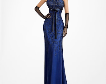 Vintage Y2K Navy Blue Floral Beaded Knit Babydoll Maxi Bodycon Prom Dress Size S