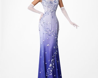 Vintage Y2K paarse ombre bloemen appliqué met kralen versierde maxi formele galajurk maat S