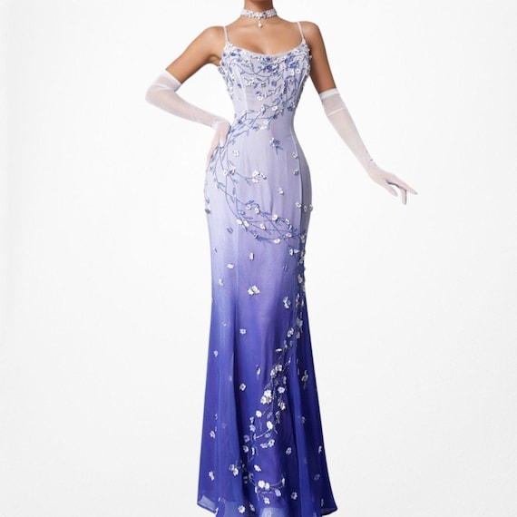 purple ombre formal dress Mac Duggal Tulle V Neck Ombre Long Gown, Womens, 2, Indigo Ombre