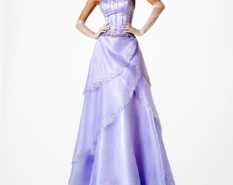 Vintage Y2K Purple Beaded Strapless Organza Lace Up Flared Maxi Prom Dress S