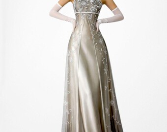 Vintage Y2K Gold Floral Beaded Babydoll Satin Fit Flared Maxi Prom Dress Size S