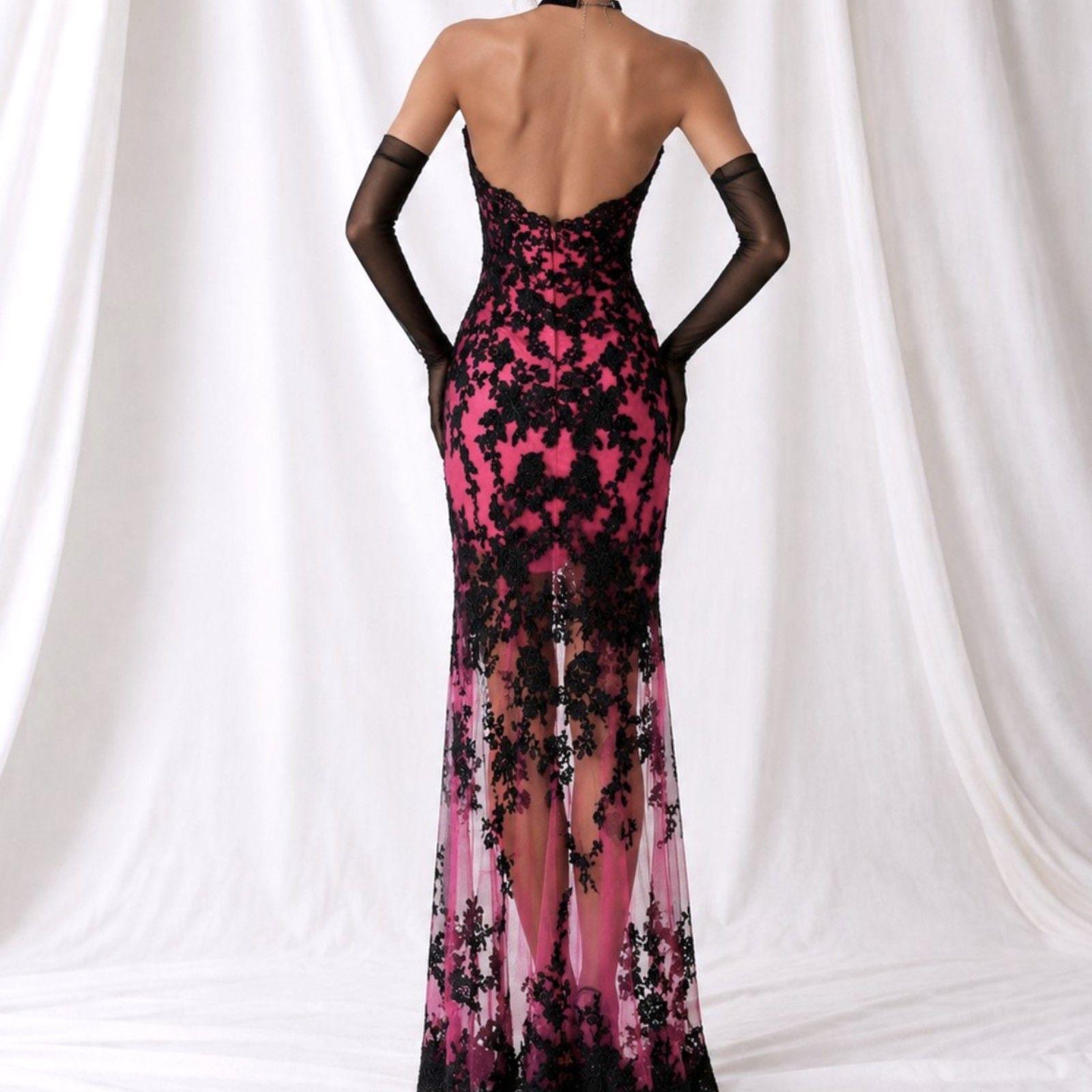 Vintage Y2K Black Pink Strapless Lace Beaded High Low Maxi Prom Dress Size S/M