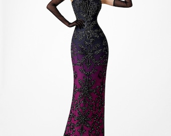 Vintage Black Purple Pink Silk Ombre Maxi Bodycon Beaded Side Slits Prom Dress L