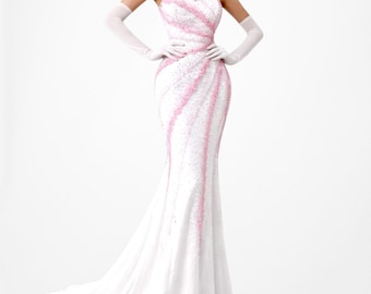 Vintage Y2K White Pink Beaded Strapless Bodycon Maxi Prom Formal Dress Size S/M