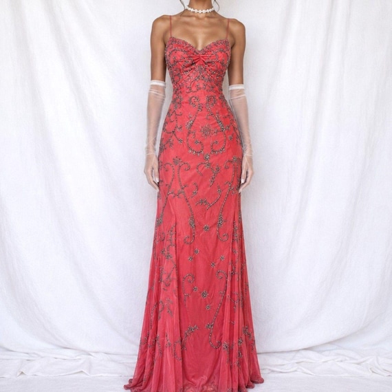 salmon bodycon dress Vintage Y2K 90s Pink Beaded Mesh Maxi Formal Prom Size XS/S Color:Enchanted Floral Soft Blush heavy weight satin VENDOR COLOR-WHITE BLUE Two new arrivals, two