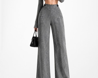 Vintage Y2K jaren 90 grijze wolmix tweed stijl wijde pijpen petite jurk broek maat M