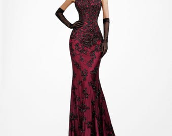 Vintage Y2K Burgundy Red Black Floral Beaded Fit Flared Maxi Prom Dress Size S/M